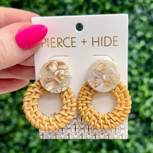 Rattan Button Drop Disc Earrings - Pierce and Hide